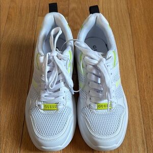 GUESS White and Neon Yellow Sneakers